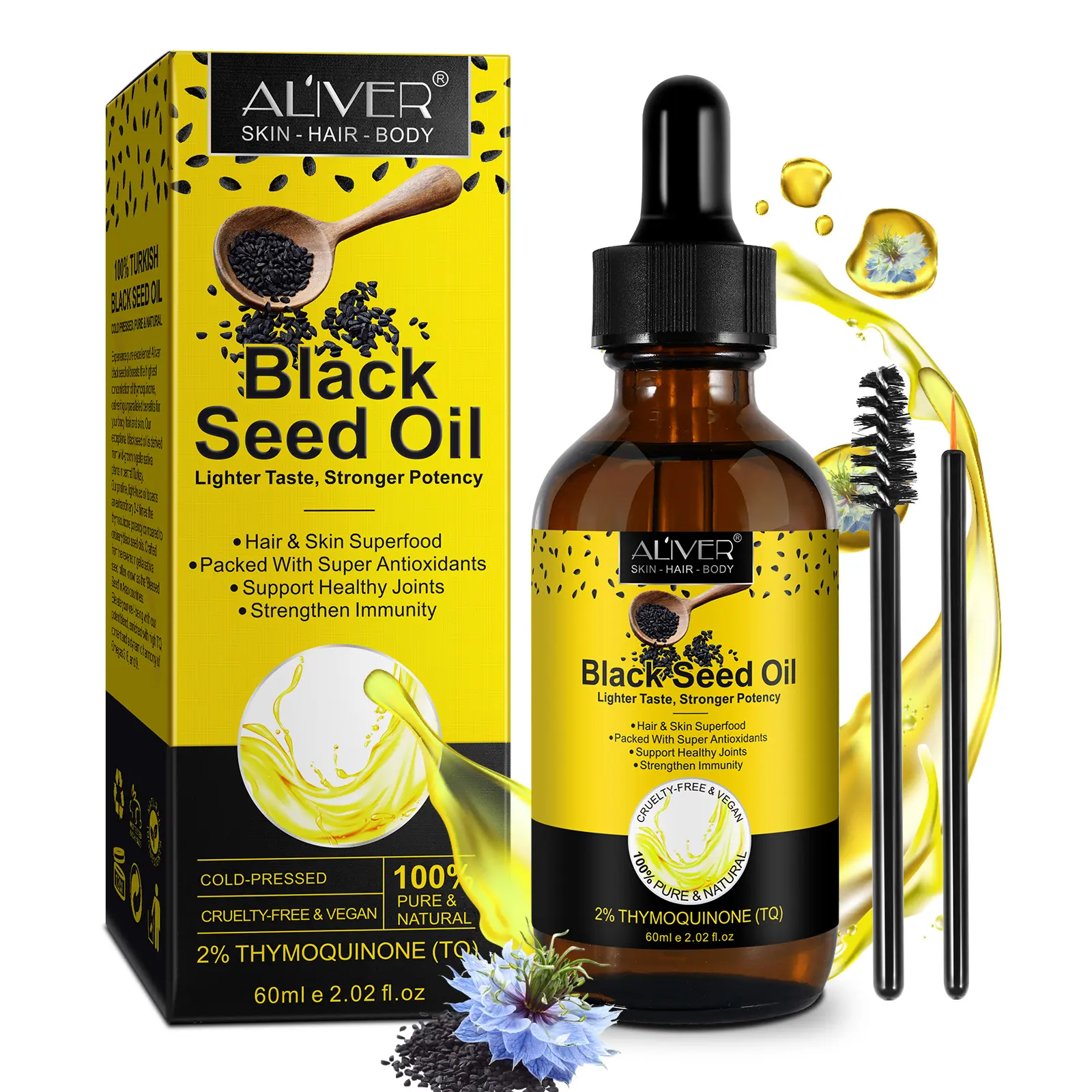 ALIVER 60Ml Suplemento orgánico para el cuidado de la salud Aumenta la inmunidad Aceite de semilla de comino negro puro Aceite De Semilla Negra prensado en frío para el crecimiento del cabello