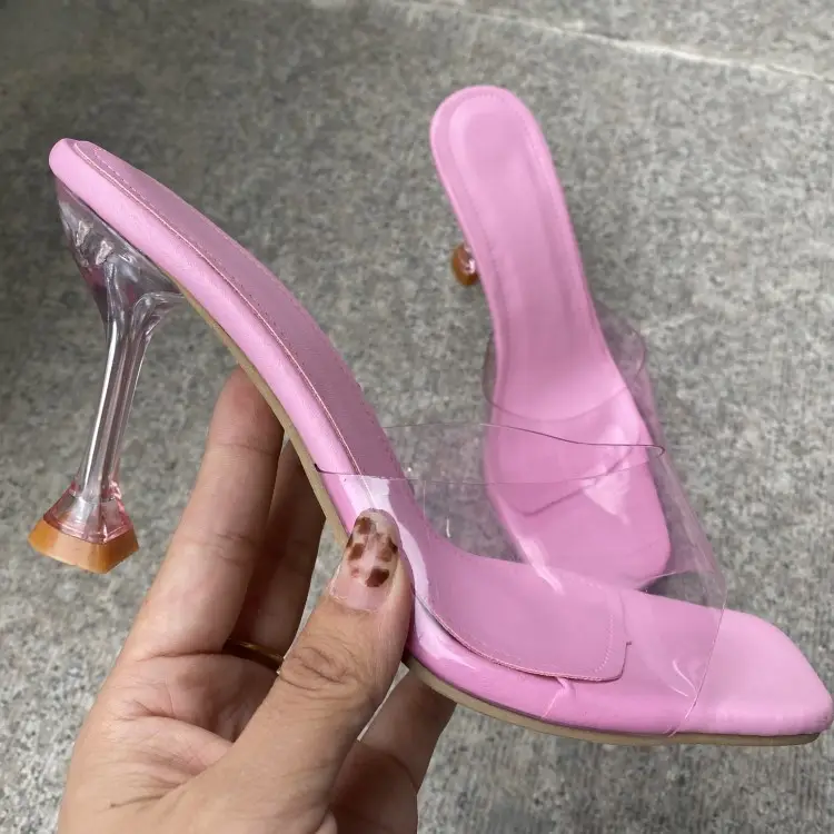 Sandales à talons hauts transparents de couleur unie pour femmes, chaussures d'extérieur élégantes à bout carré, nouvelle collection 2023
