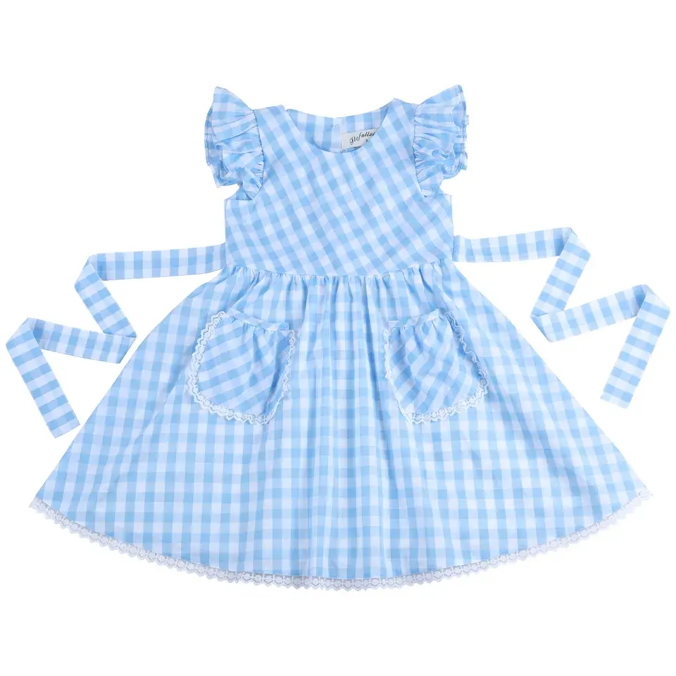 Niños pequeños bebés Niñas Ropa de cumpleaños encantadora azul hecho a medida verano algodón gingham manga corta vestido de fiesta vestido