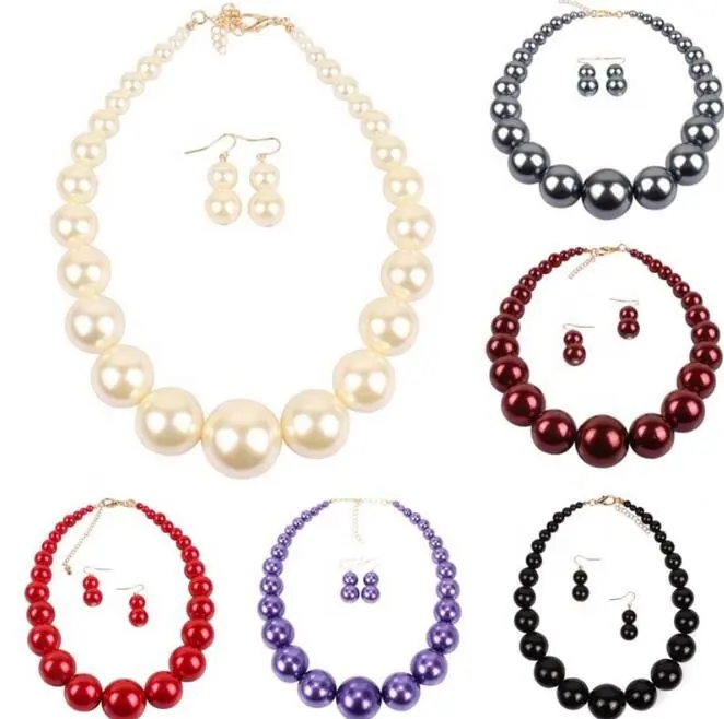 Fashion Artificial Heavy Big Plastic Pearl Choker Necklace, Black Red White Pearl Jewelry Necklace Set