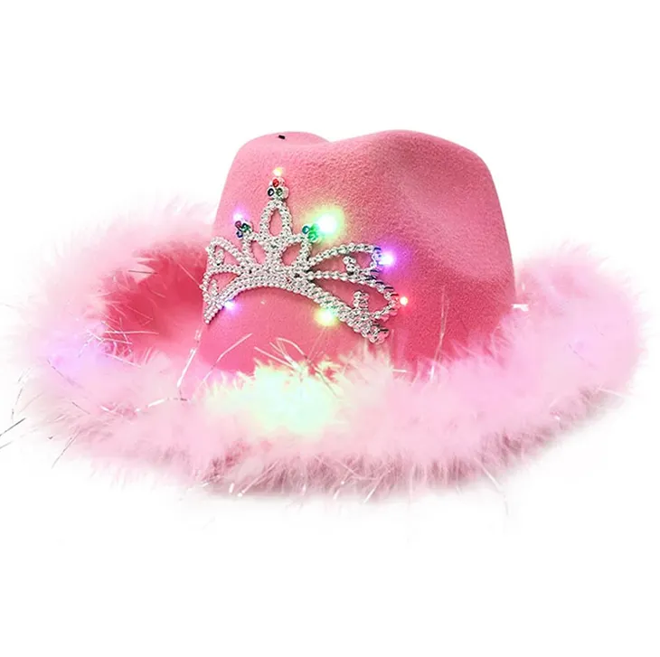 Pabrik kustom merah muda topi koboi pengantin topi koboi wanita pesta pernikahan wol topi koboi wanita dengan mahkota berlian imitasi