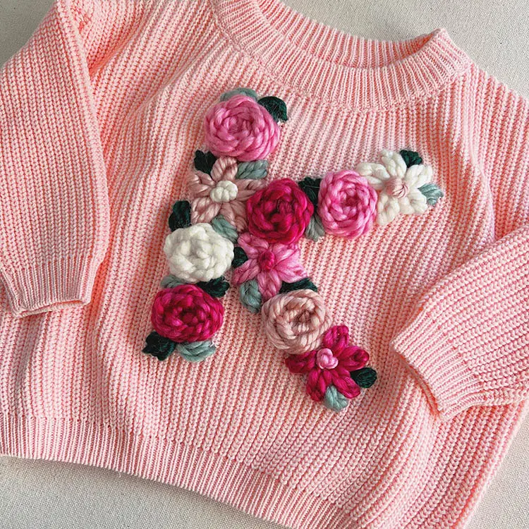 Ustom-suéter de punto grueso para bebé, Jersey bordado hecho a mano con flores, ropa de algodón para bebé