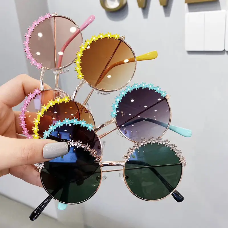 2023 круглые детские солнцезащитные очки для девочек, детские солнцезащитные очки с цветами, милые Солнцезащитные очки в полуоправе, металлические солнцезащитные очки для девочек