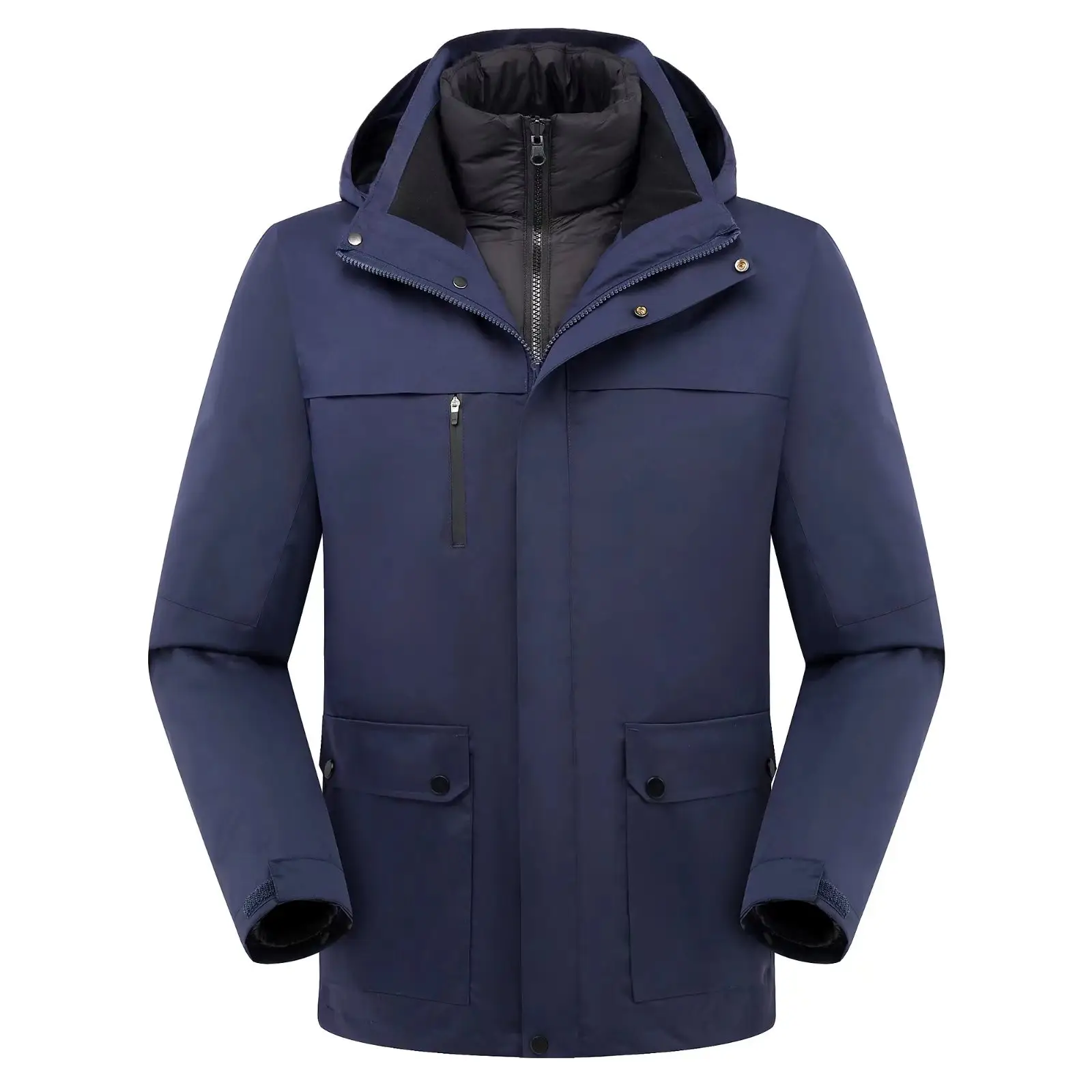 Nuovo antivento caldo invisibile cerniera escursionismo piumino giacche con cappuccio giacca invernale nera con cappuccio