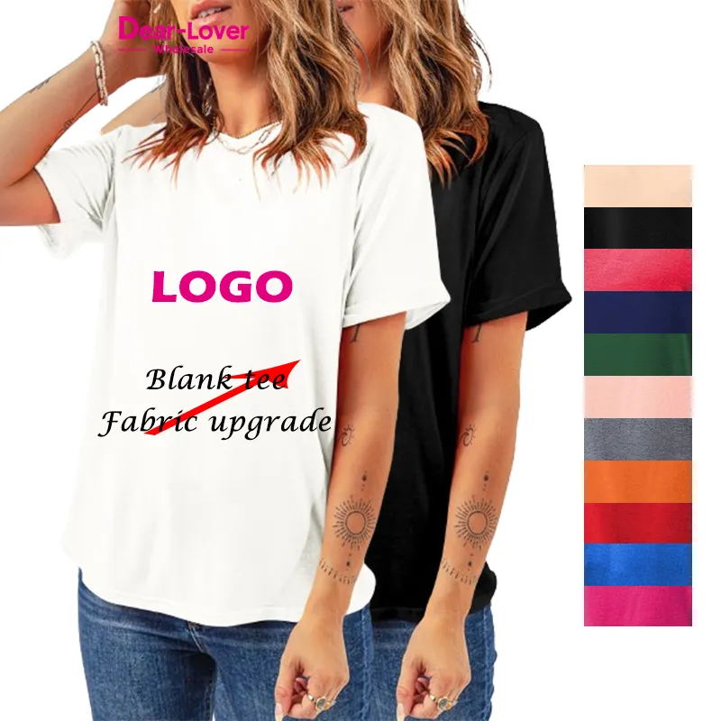 Kaus wanita nyaman leher O Logo cetak kustom kaus polos cetak Logo kustom pribadi Label