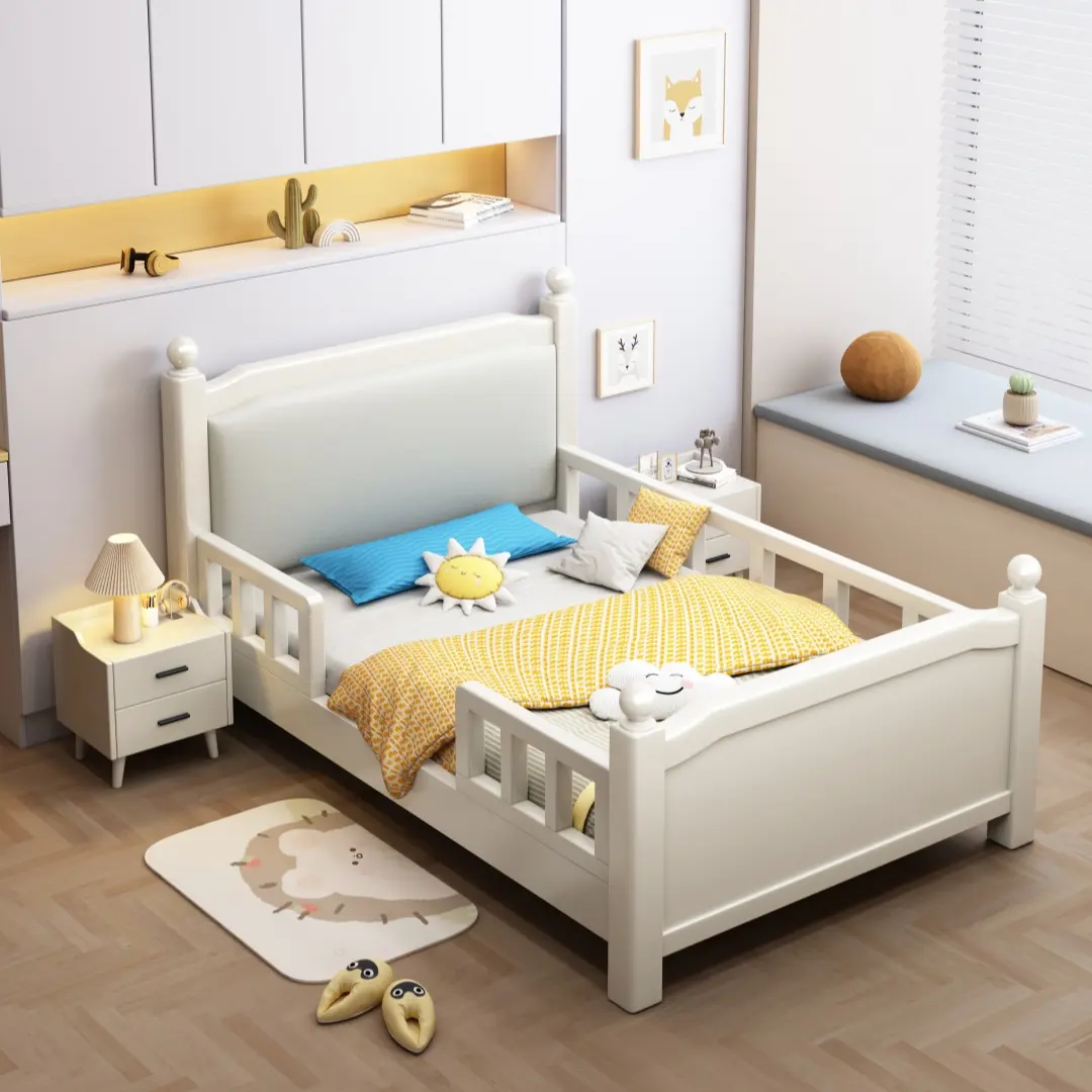 Giường cũi tất cả giường trẻ em bằng gỗ rắn với phòng ngủ lan can đơn giản giường đơn dễ thương Giường cũi trẻ em với lan can