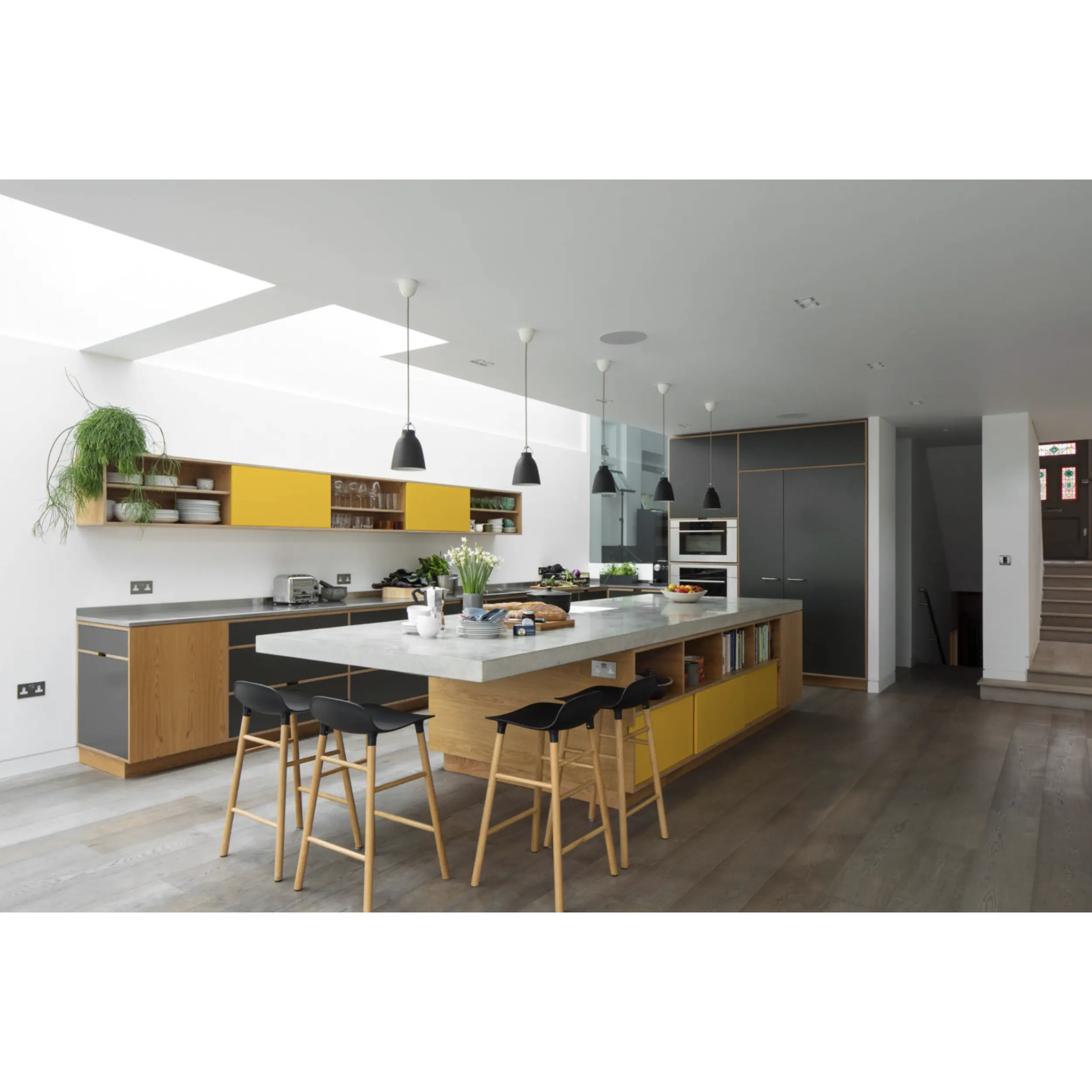 Skyline Mueble de cocina lacado amarillo, azul y gris de estilo moderno con encimera de cuarzo Isla para cocina colorida