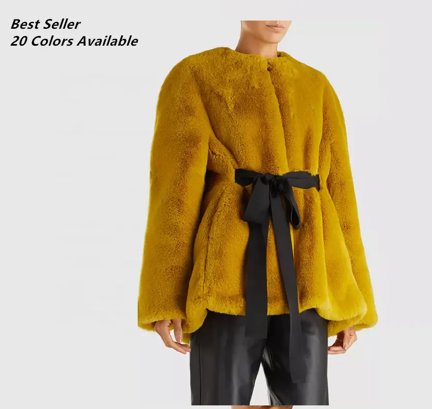 Belted Faux Fur Sleeved Coat Gelber Nerz Pelz Fake Plus Size für Frauen Overs ize Rabbit Fur Jacket