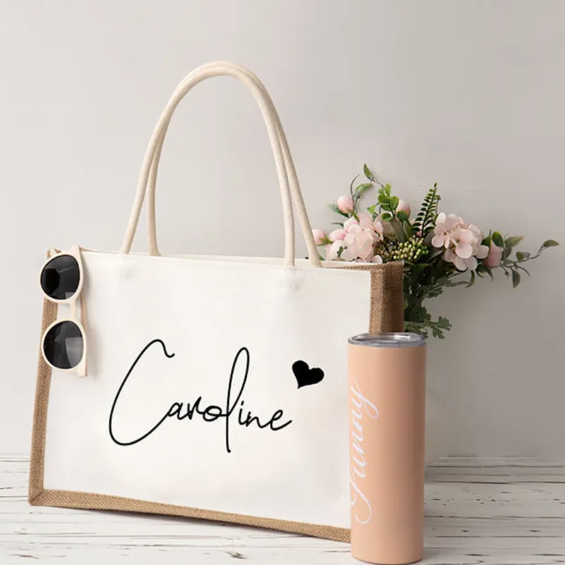 Borse da spiaggia personalizzate in tela da imballaggio personalizzate damigella d'onore addio al nubilato festa nuziale ragazze viaggio regali tela juta Tote Shopper Bags