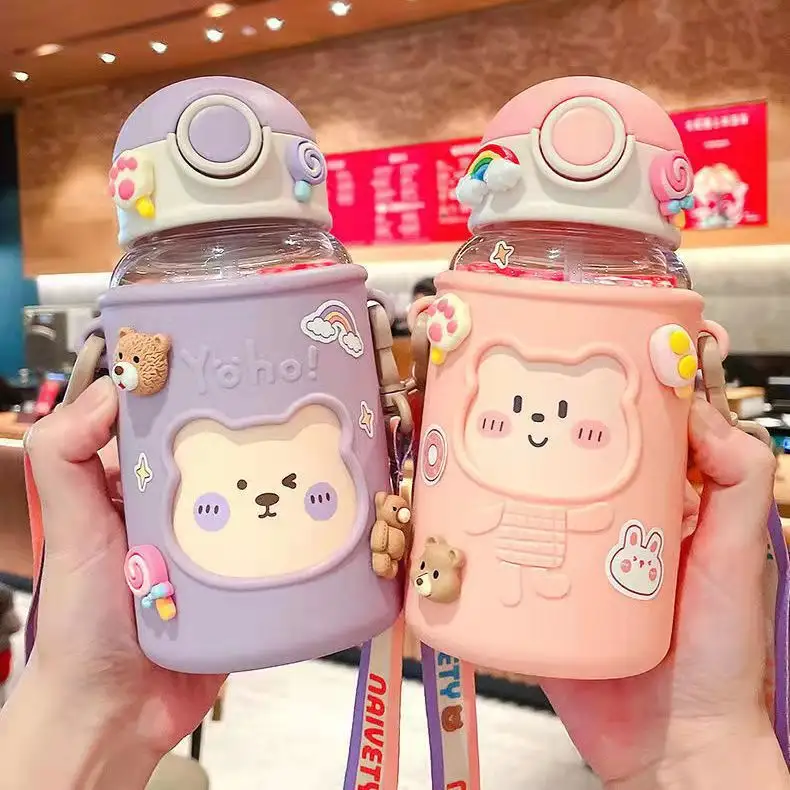 wholesale portable strap 3D sticker plastic water bottle with straw Cute kids student children bear bottle with cover