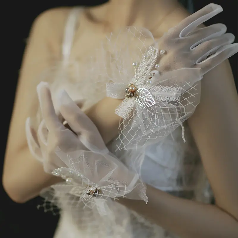 Venta caliente fiesta de disfraces transpirable Bowknot HOJA DE Metal encaje corto novia guantes de boda