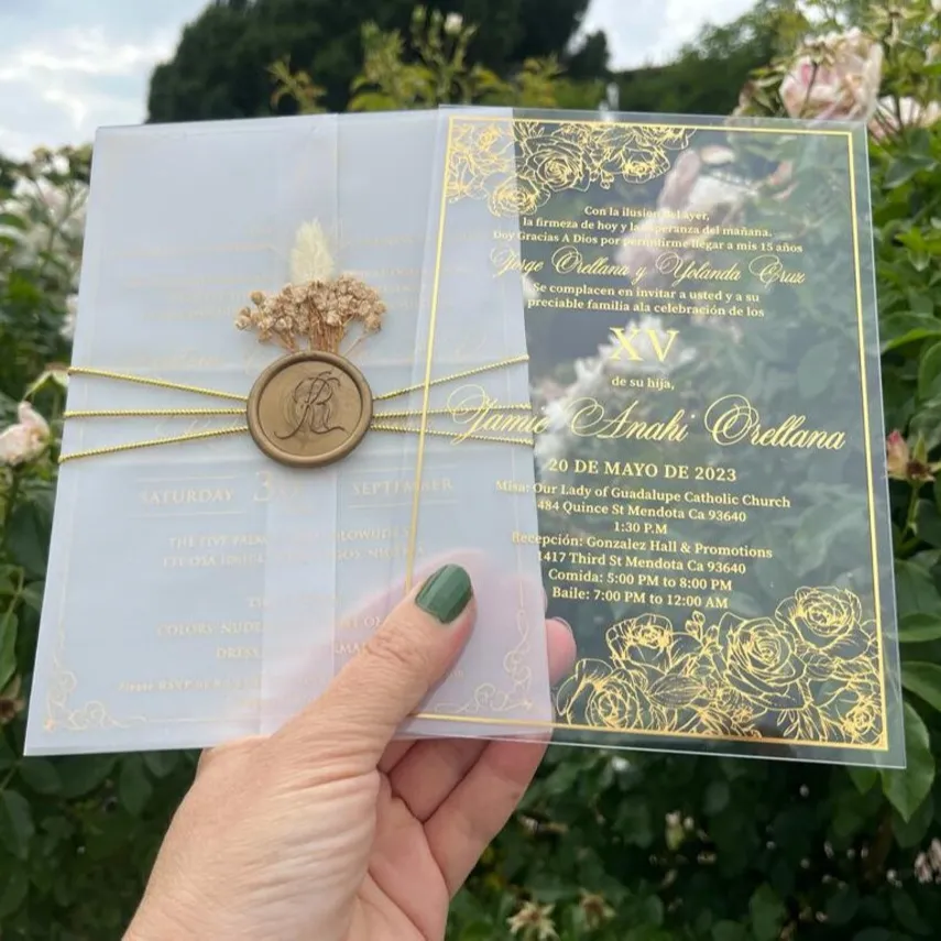 Biglietto d'invito per matrimonio in carta pergamena di lusso in lamina d'oro con sigillo di cera e fiore secco Cadeau Mariage Invitaciones De Boda Party
