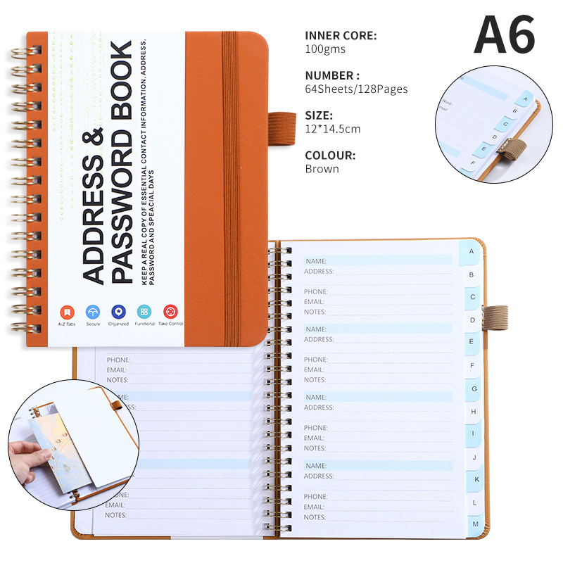 Libreta de direcciones A6, color marrón oscuro.