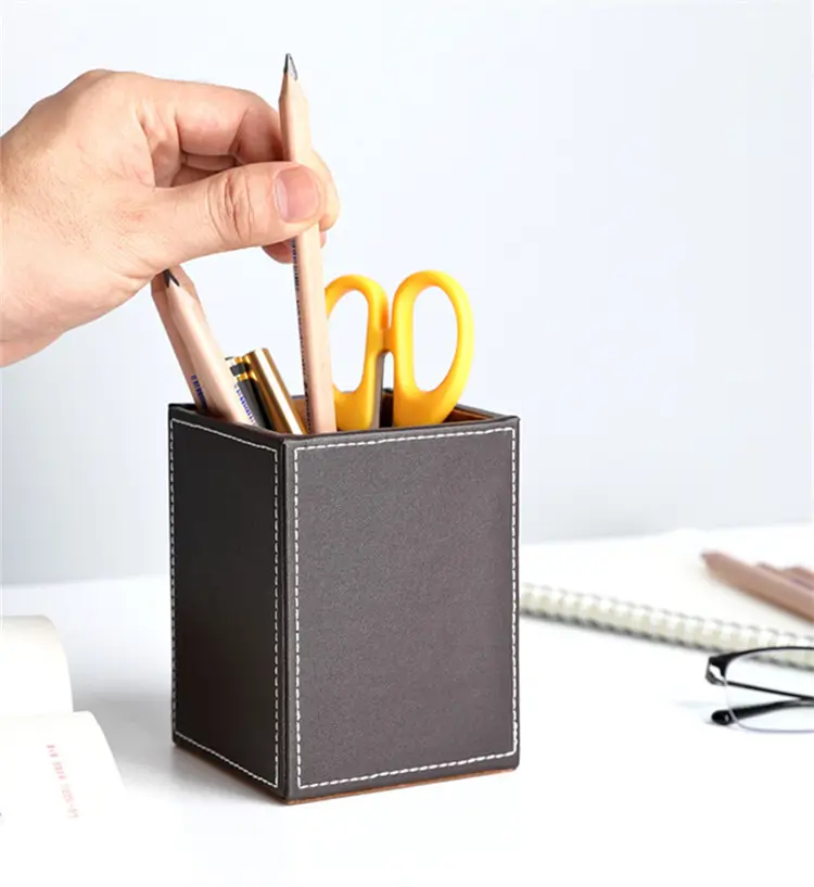 Enfeite de caneta quadrado, recipiente para canetas, de couro pu, organizador multifuncional para escritório