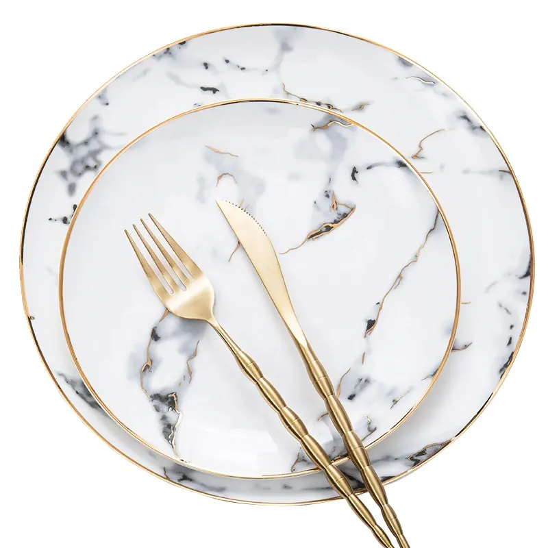 Prato de jantar de porcelana para restaurante com borda de ouro nórdica de luxo, conjunto redondo de pratos de cerâmica ocidental