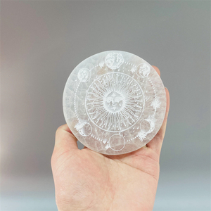 10 cm高品質のセレナイト生命の木12個の星座コースタープレートチャクラのシンボルで刻まれたセレナイト彫刻スライス - Product Image 5