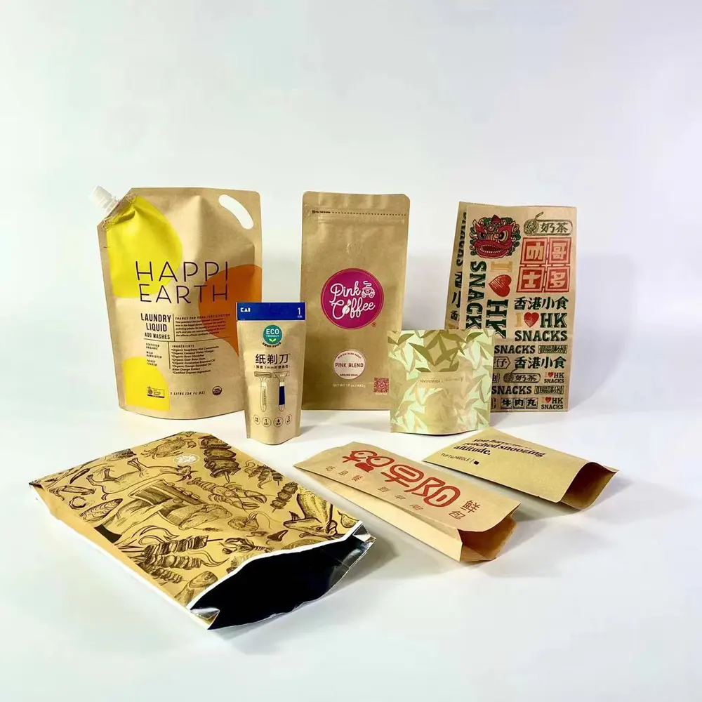 Hersluitbare Ziplock Warmte Afsluitbare Voedsel Opslag Doypack Verpakking Zakjes Biologisch Afbreekbare Stand-Up Kraft Papieren Zak