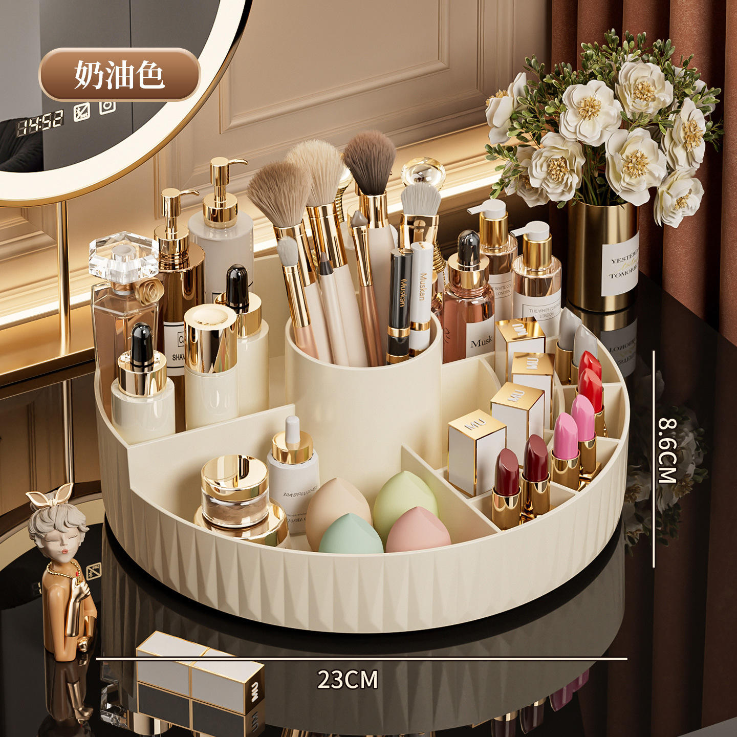 Cream-colored rotating makeup storage box