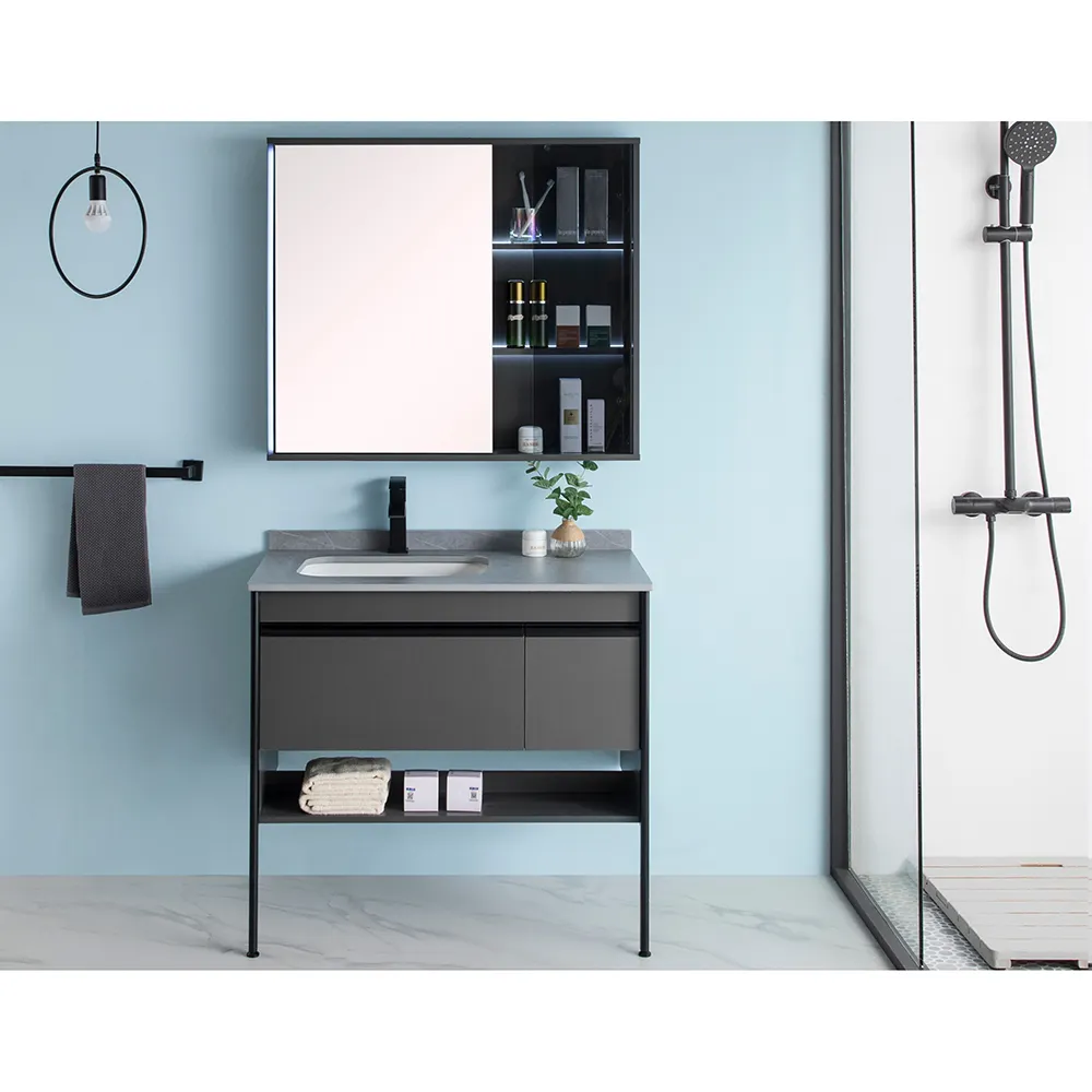 Axcellent-armario de baño flotante de lujo, conjunto de lavabo de almacenamiento de madera de melamina de 24 pulgadas, tocador de baño con espejo LED