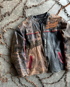 نمط الهيب هوب خمر جلد الغنم سترة مفجر جلدية الوقوف طوق سستة إغلاق التطريز الشتاء جاهزة OEM الخدمة المتاحة - Product Image 1