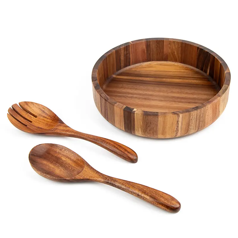 Large Wood Bowls For Serving Salad and Fruits Mixing Bowl Acacia Wooden Salad Bowl Set With Servers