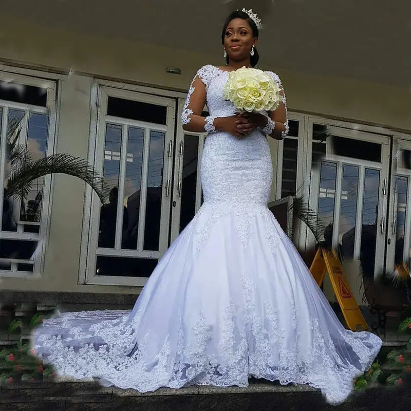 Abito da sposa africano a manica lunga su misura all'ingrosso sposa Vestido De Noiva in pizzo bianco sirena abito da sposa