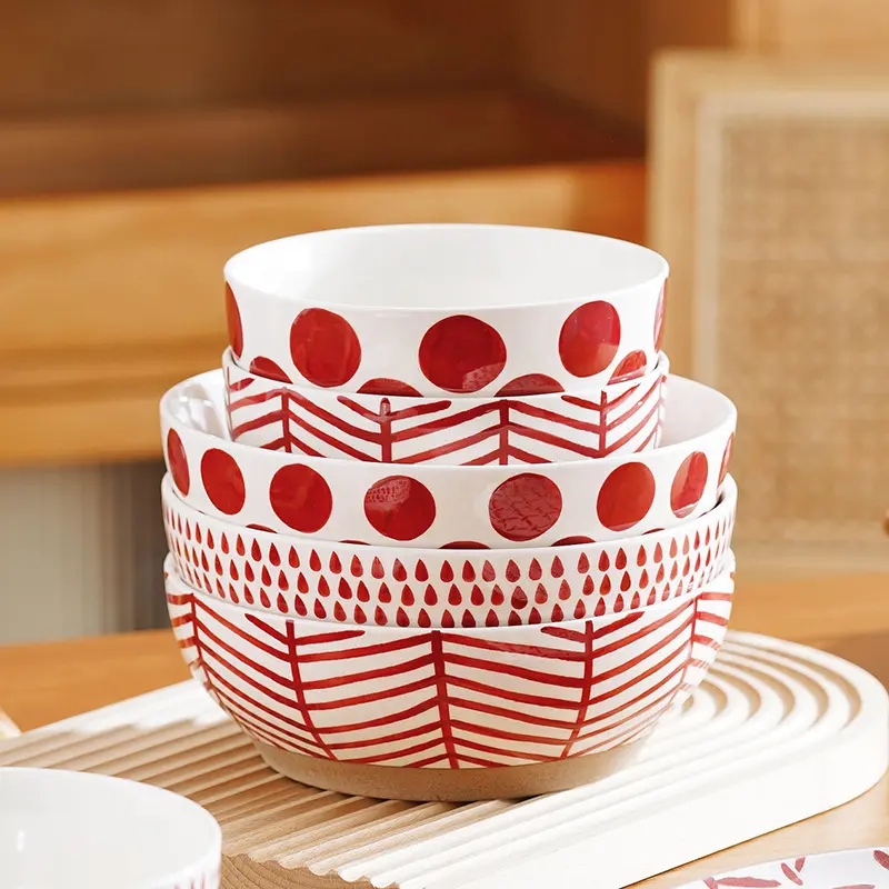 Per uso domestico 6/8 pollici rosso dipinto a mano stoviglie rotonde ceramiche originali per insalata ciotole in ceramica per zuppa di riso