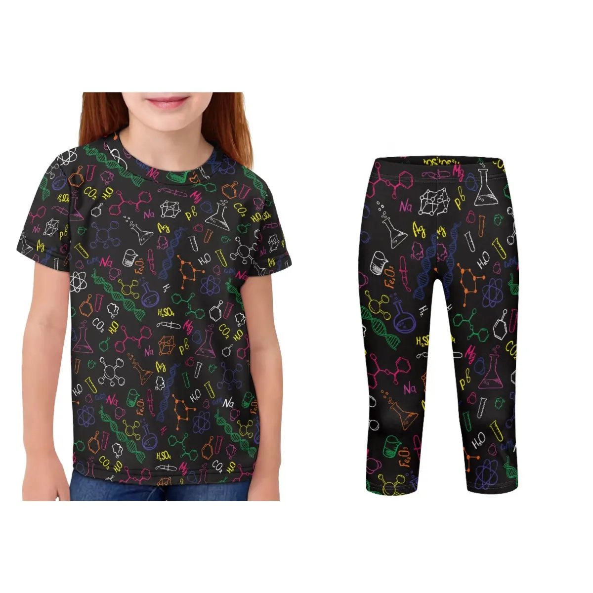 Pantalones cortos de yoga para niños y camisetas para niñas y niños Leggings estampados con patrón experimental de dibujos animados Camisetas de manga corta para niños 2 piezas