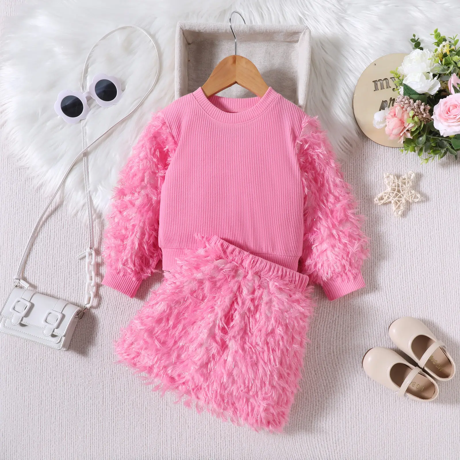 Nuevo conjunto de suéter de cuello redondo para niñas, conjunto de falda de piel rosa de otoño 2023, conjunto de Top corto y falda esponjosa, ropa para niños, ropa para niñas al por mayor