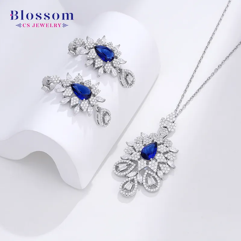 Arabia saudita gemma blu lucido Zirconia Set di gioielli da sposa di lusso da donna placcato in rodio S925 collana in argento orecchini Set di gioielli