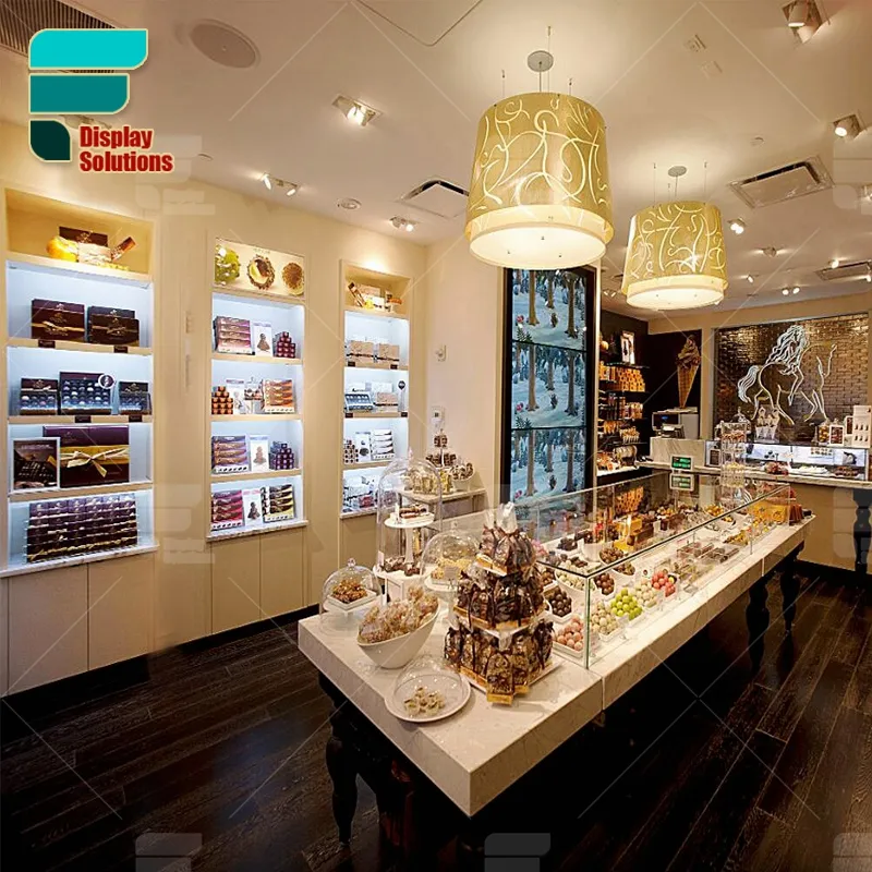 Dispensador de prateleira para doces, varejo personalizado, doces, prateleira, exibição, showcase, confeitaria moderna, design de loja de doces no interior
