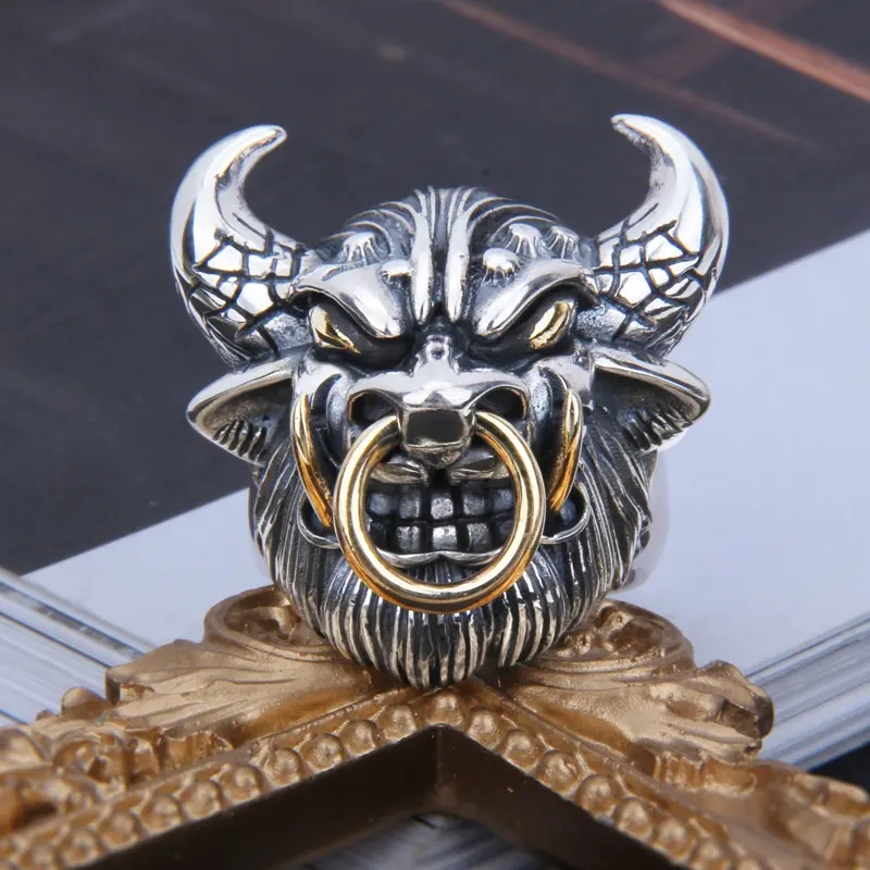 2021 New trendy vintage 925 sterling silver animal Bull Head rings jewelry brass Domineering men zodiac adjustable knuckle rings