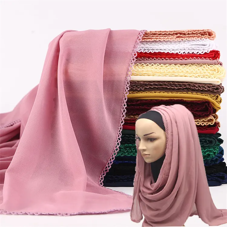 Pañuelo de gasa para mujer, Hijab liso de alta calidad con bordes de encaje de pestañas, 175x72cm, pañuelo musulmán de Malasia, venta al por mayor