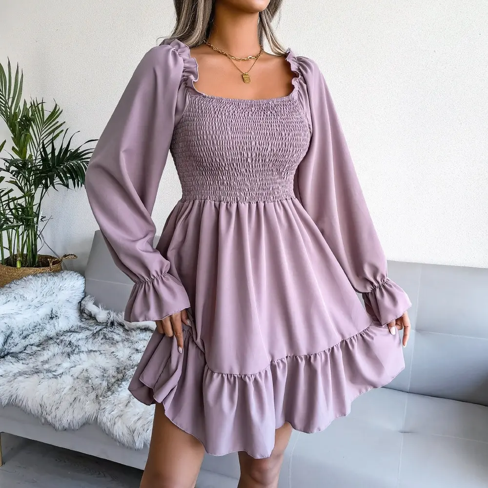 Latest dress designs for ladies long sleeve square neck mini ruffle casual purple dress for women