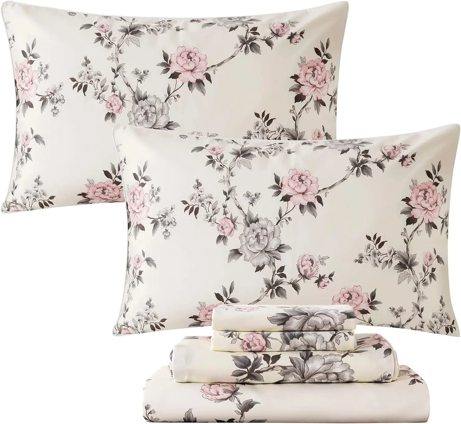 Juego de cama de algodón egipcio, sábanas de lujo con estampado Floral rosa, gris desgastado y peonías rosas