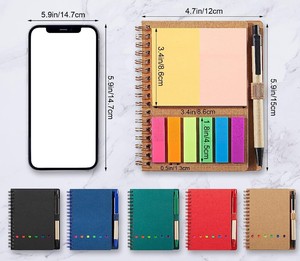 Cuaderno de bolsillo en espiral forrado con bolígrafo en soporte Cubierta de papel Kraft duro Bloc de notas Steno Pads con notas adhesivas e índice de color