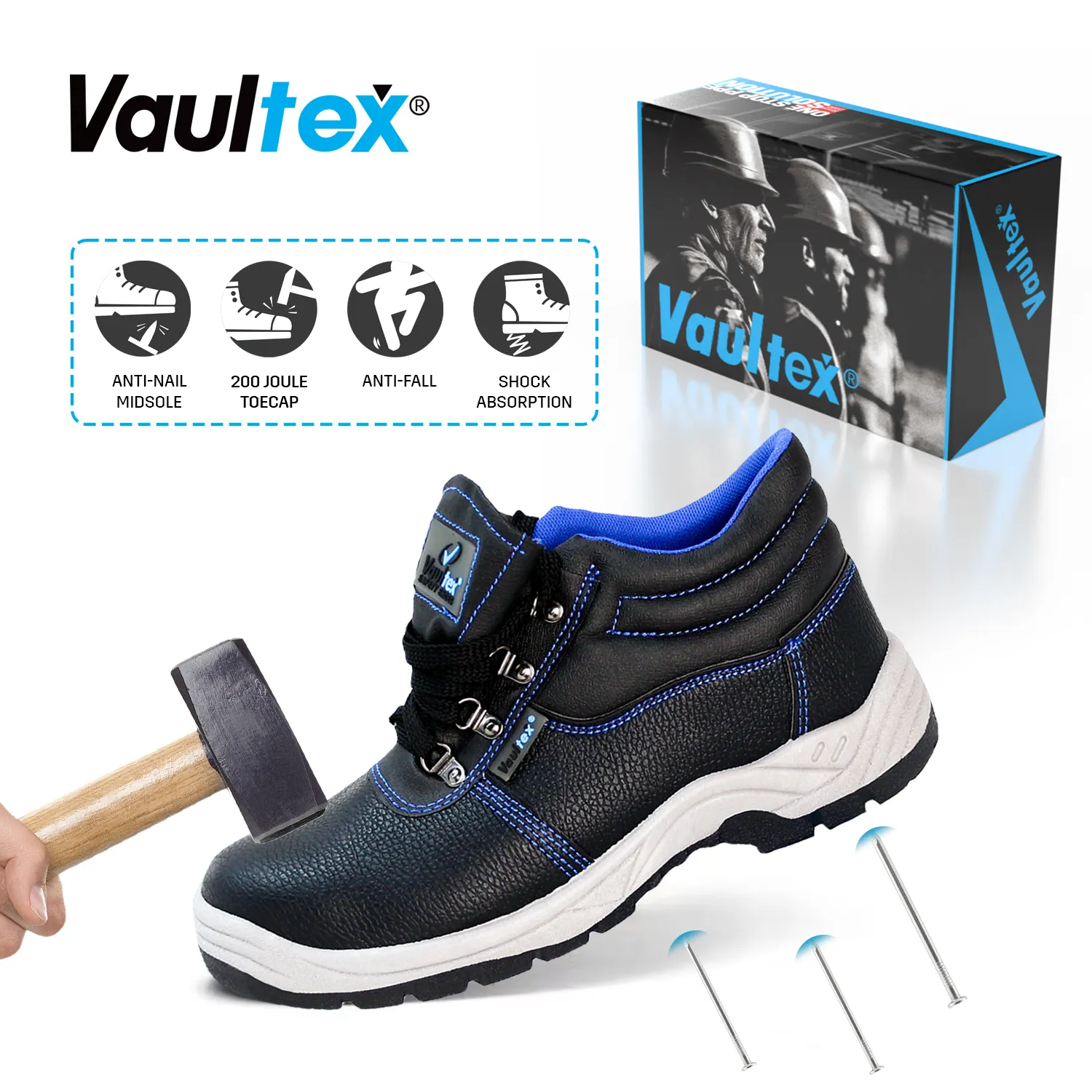 Marque Vaultex en stock SBP bottes de sécurité antidérapantes à bout en acier chaussures de sécurité en cuir PU anti-crevaison pour la construction et le travail pour hommes