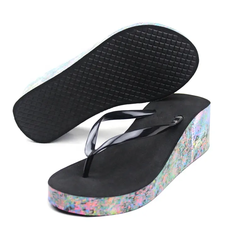 De moda de diseño de impresión, elástico suave sandalias con plataforma eva suela de tacón alto de sublimación zapatilla alta cuña sandalias, flip flops