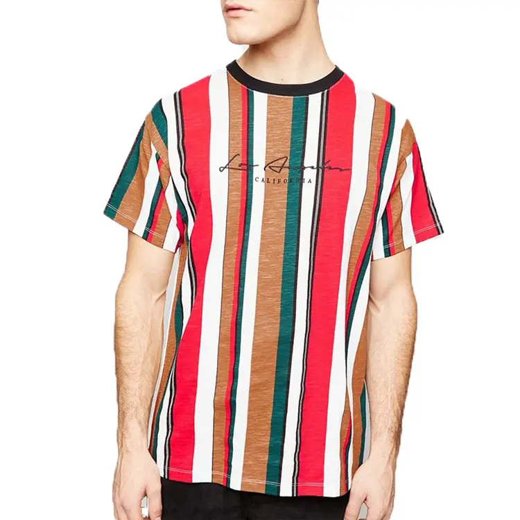 OEM cotton and polyester mens multicolor striped embroidered t-shirts