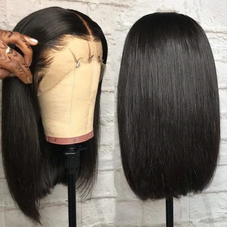 Venta al por mayor muestra gratis cabello humano brasileño corto 13x4 Bob peluca prearrancada Color Natural 13x4 pelucas frontales de encaje para mujeres negras