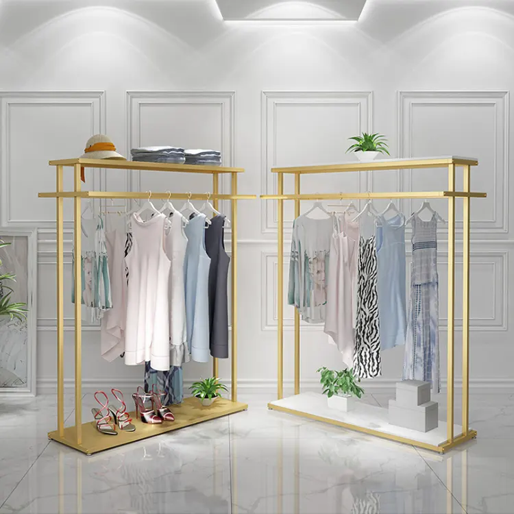 Hoge Kwaliteit Gold Display Plank Meubels Kleding Display Rack Stand Ontwerp Voor Kleding Winkel