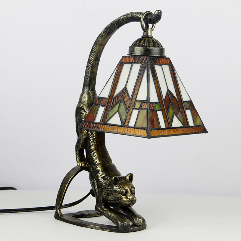 LongHuiJing 18Inch Tall Cat Lamp Stand With Square Stained Glass Handcrafted Table Desk Lamp Night Light