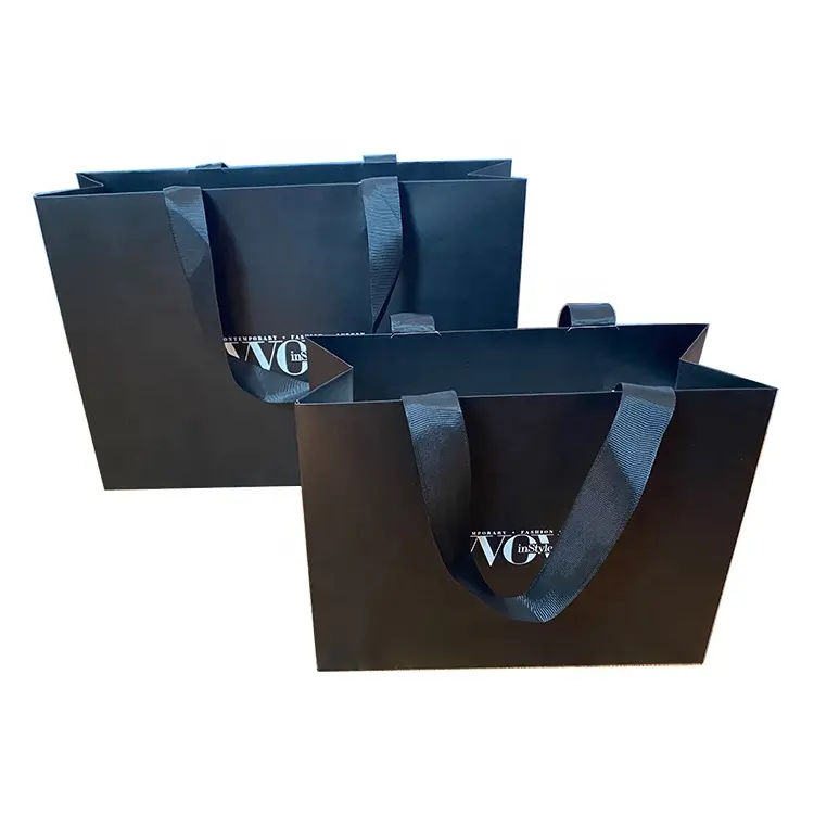 PB-58 White logo print custom black paper packaging shopping clothes bags gift embedded ribbon handles clothing shopping bags