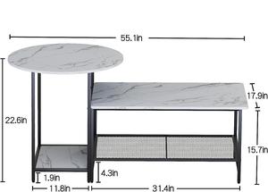 Juego de mesa de centro de 2 mesas auxiliares de almacenamiento ModernWhite Faux Marble Mesa redonda y rectangular para sala de estar Dormitorio Comedor - Product Image 3