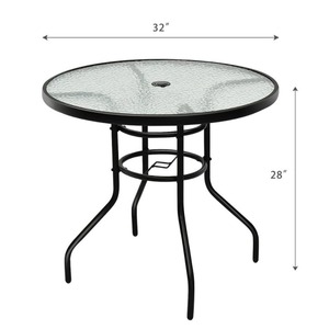 32 Inch <strong>Patio</strong> Tempered Glass Steel Frame <strong>Round</strong> Table with Convenient Umbrella Hole - Product Image 1
