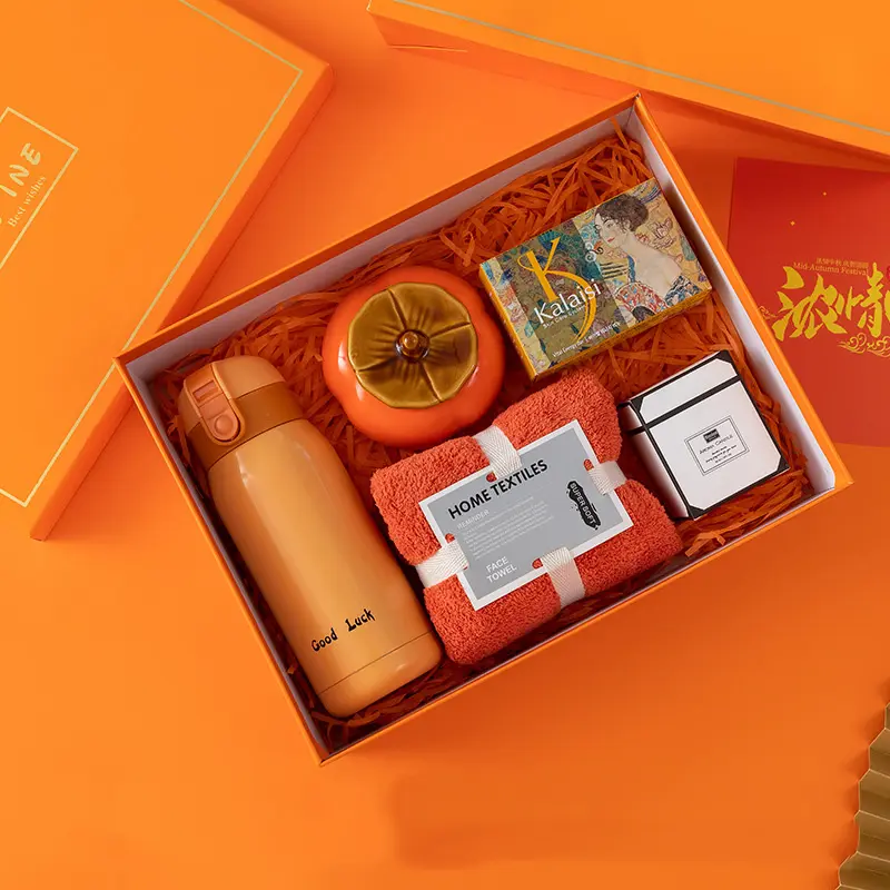 Caixas de presente promocionais para mulheres, caixas de outono em estilo laranja para presentes e lembrancinhas de viagem com copo a vácuo, presente para presente por atacado