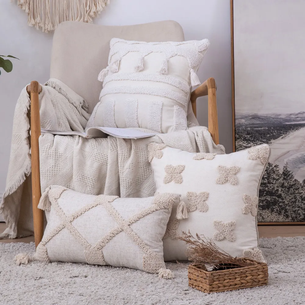 Cotone tiro copertura del cuscino con nappe di prezzi all'ingrosso di natale decorativo cuscino tessuti a mano boho trapuntata cuscino bianco