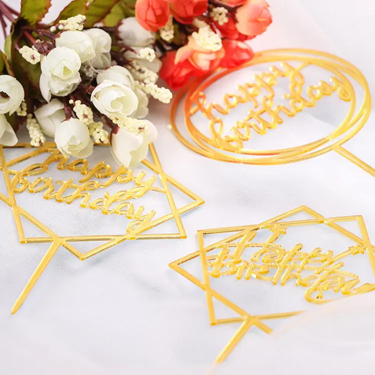 Décoration de gâteau en acrylique TKA, carte de joyeux anniversaire, double miroir enfichable, fournitures de décoration de gâteau