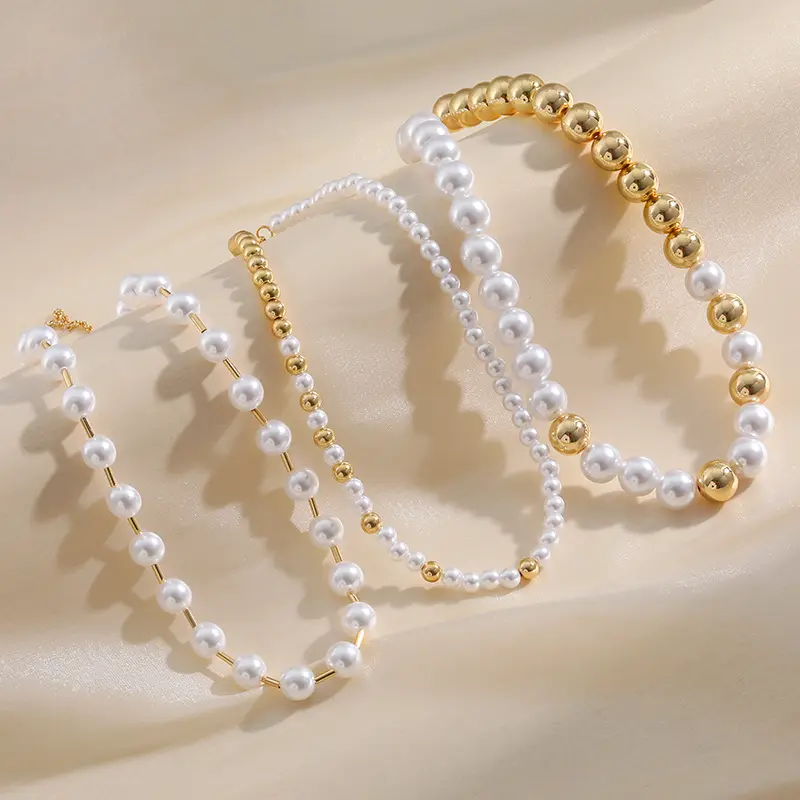 KJ Gold Beads Pearl Collar Stretch Necklace Stacking Choker Necklace Set