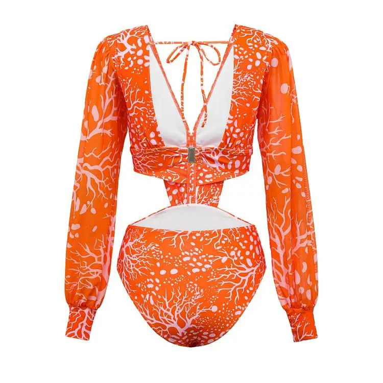Maiô de tule translúcido coral laranja manga longa cintura aberta manga longa saia longa para mulheres maiô de manga longa